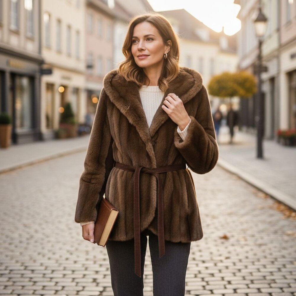 Luxurious Faux Fur & Leather Belted Coat Jacket Made In England - Picture 9 of 16
